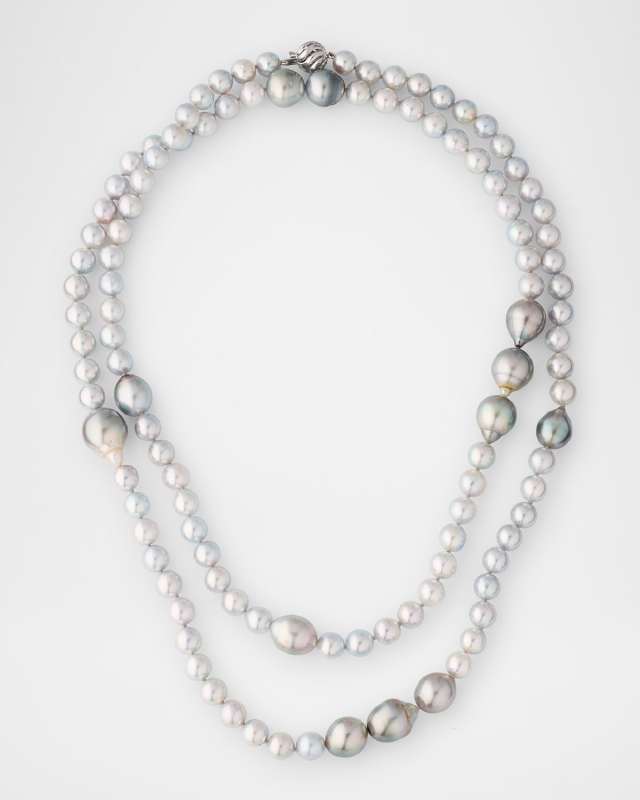 18k White Gold Long Silver, Blue & Gray Pearl Necklace, 40"L